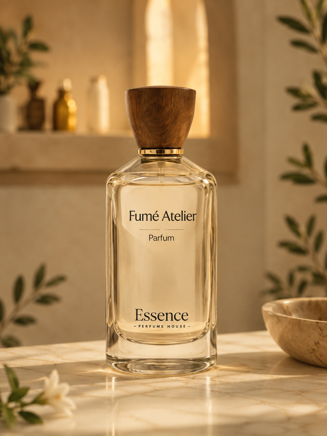 Fumé Atelier perfume in a warm stone setting