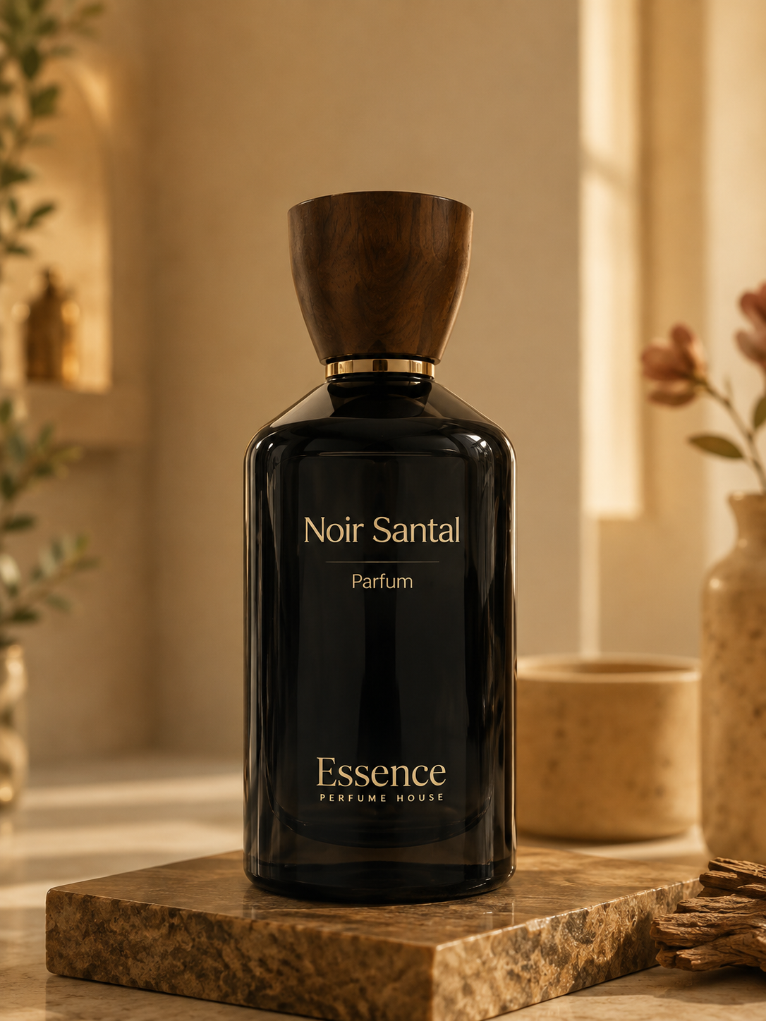 Noir Santal perfume in a warm stone setting