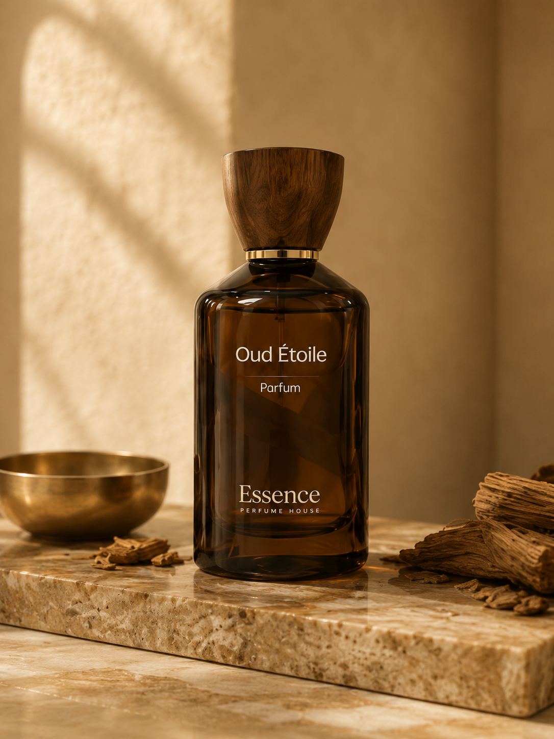 Oud Étoile perfume in a warm stone setting