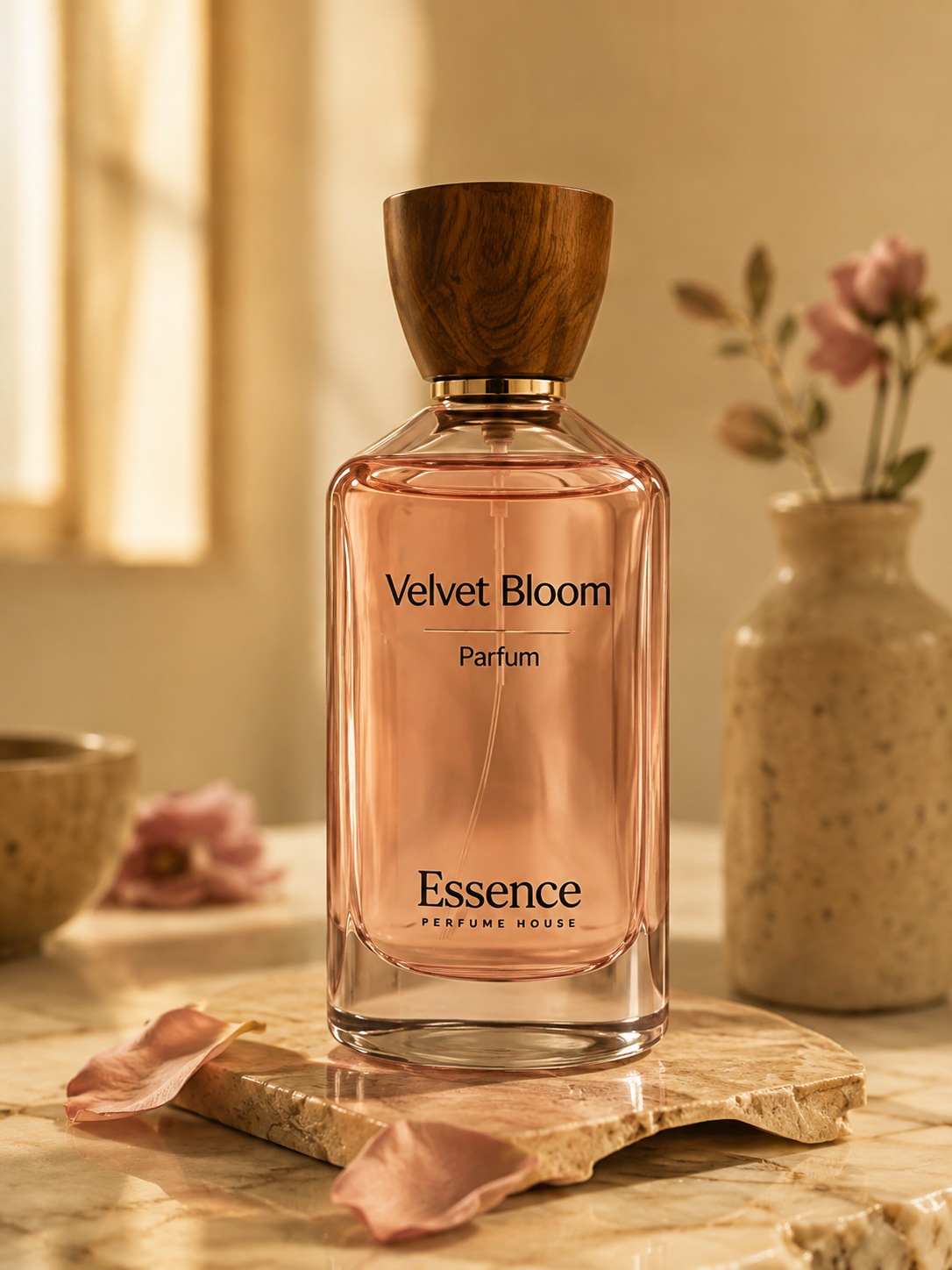 Velvet Bloom perfume in a warm stone setting